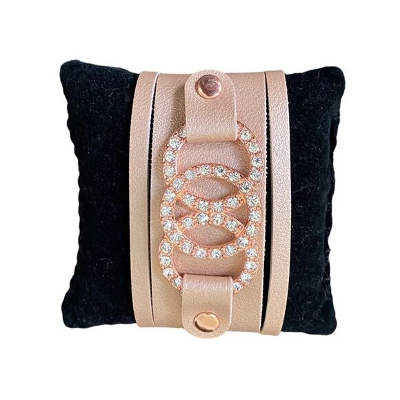 Rose Gold Rhinestone Encrusted Faux Leather Wrap Bracelet Women’s OSFM - Picture 4 of 4